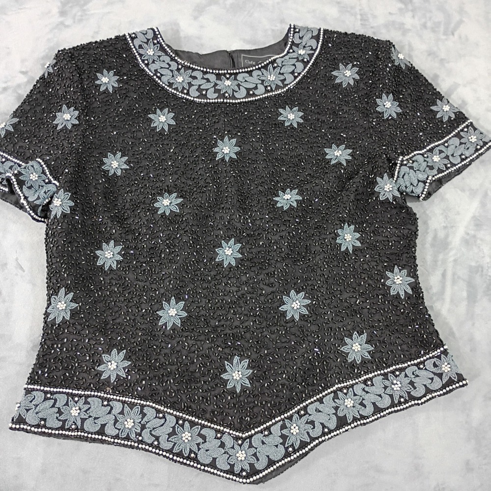 Cote d Azur Evening Vintage Beaded Silk Floral Top Black Blue Pearl Medium